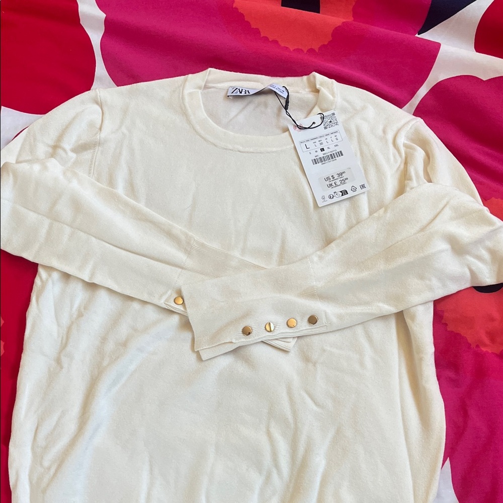 Zara Ivory Knit Top with Gold Button Details
